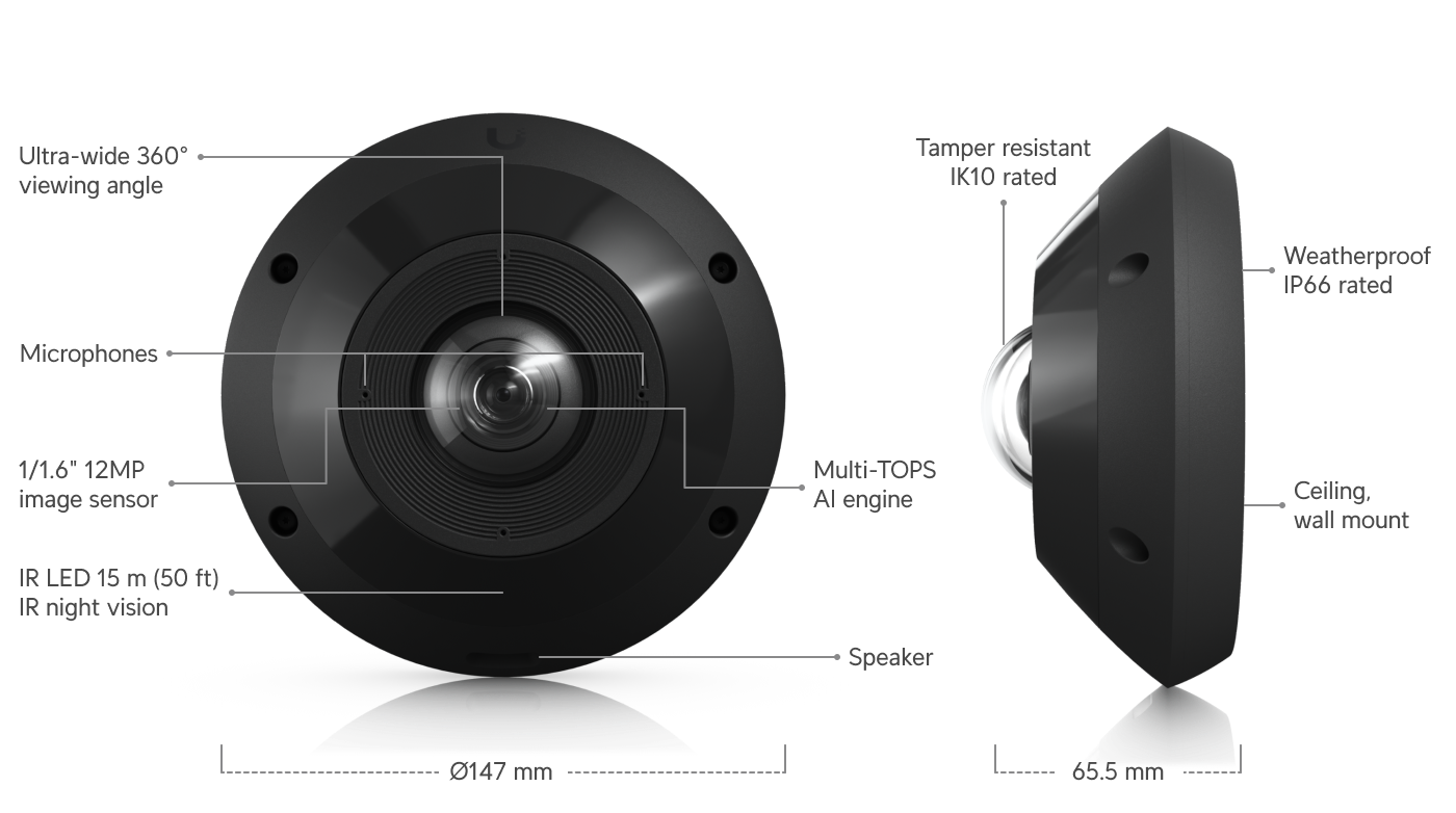 Ubiquiti | Ubiquiti G6 Pro 360,Black,All-weather,Vandal-resistant 12MP PoE Camera,Panoramic 360° coverage,Digital Pan-tilt-zoom Smart IR Functionality | UVC-G6-Pro-360-B - Image 1