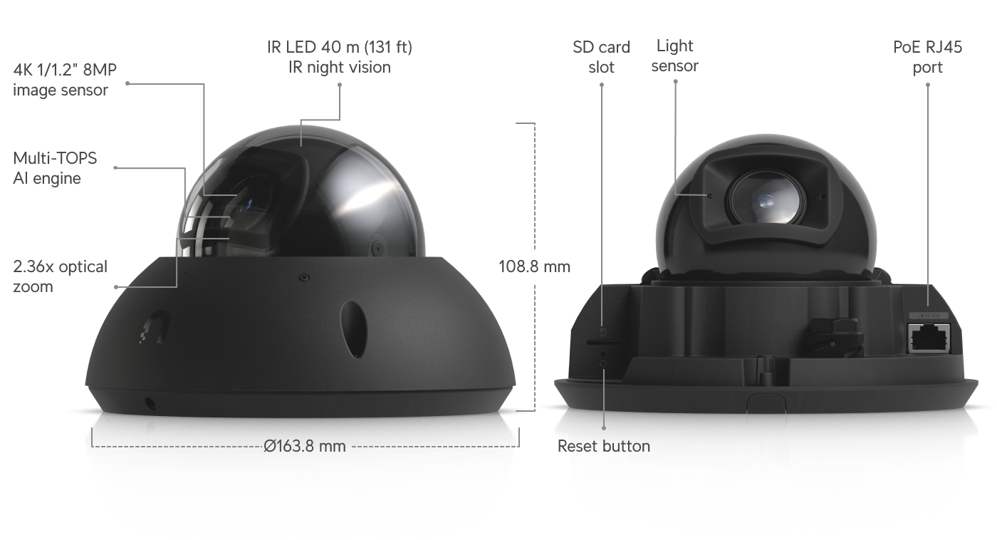 Ubiquiti | Ubiquiti G6 Pro Dome, Black,All-Weather Vandal-Proof 4K PoE+, Multi-TOPS AI,2.36x Optic Zoom, 1/1.2