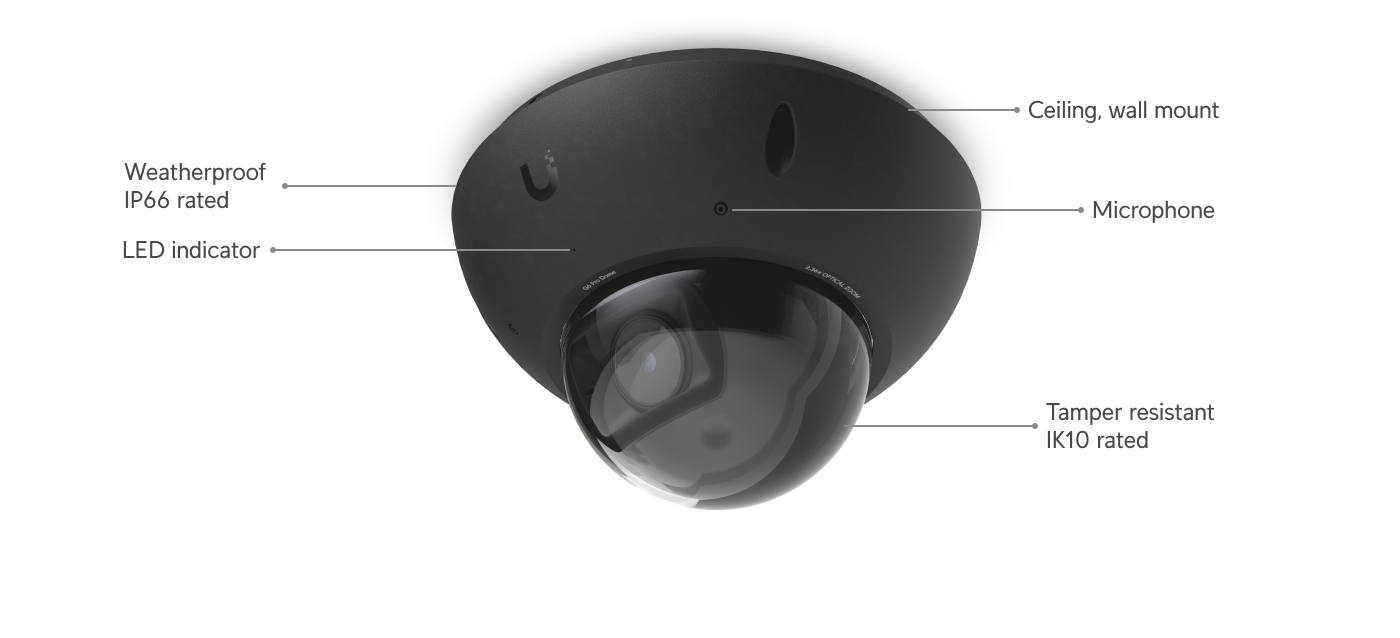 Ubiquiti | Ubiquiti G6 Pro Dome, Black,All-Weather Vandal-Proof 4K PoE+, Multi-TOPS AI,2.36x Optic Zoom, 1/1.2