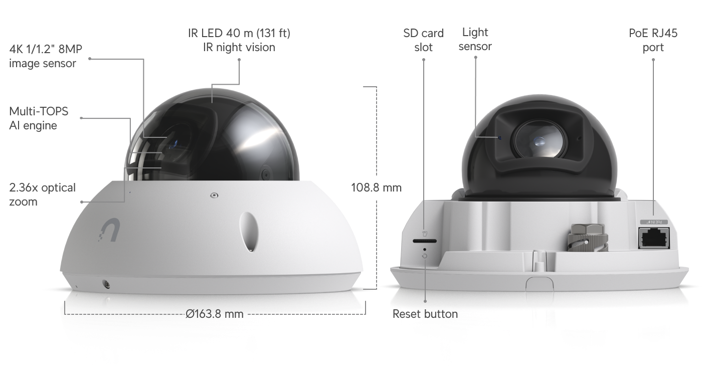 Ubiquiti | Ubiquiti G6 Pro Dome, White,All-Weather Vandal-Proof 4K PoE+, Multi-TOPS AI,2.36x Optic Zoom, 1/1.2
