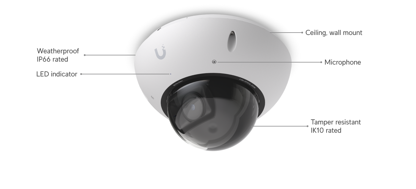 Ubiquiti | Ubiquiti G6 Pro Dome, White,All-Weather Vandal-Proof 4K PoE+, Multi-TOPS AI,2.36x Optic Zoom, 1/1.2