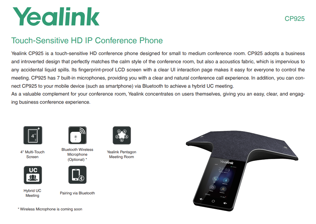 Yealink | Yealink CP925 HD IP Conference Phone for Small to Medium Conference Rooms, 7 Microphone Array, 360° Voice Pickup,HD Audio,4