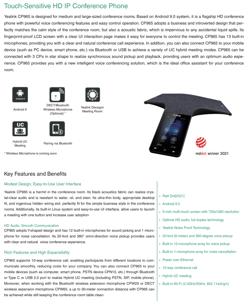 Yealink | Yealink CP965 Flagship Conference Phone for Medium to Large Rooms,Award-Winning Design, Legendary Audio Performance, Scalability for Easy Expansion | CP965 - Image 2