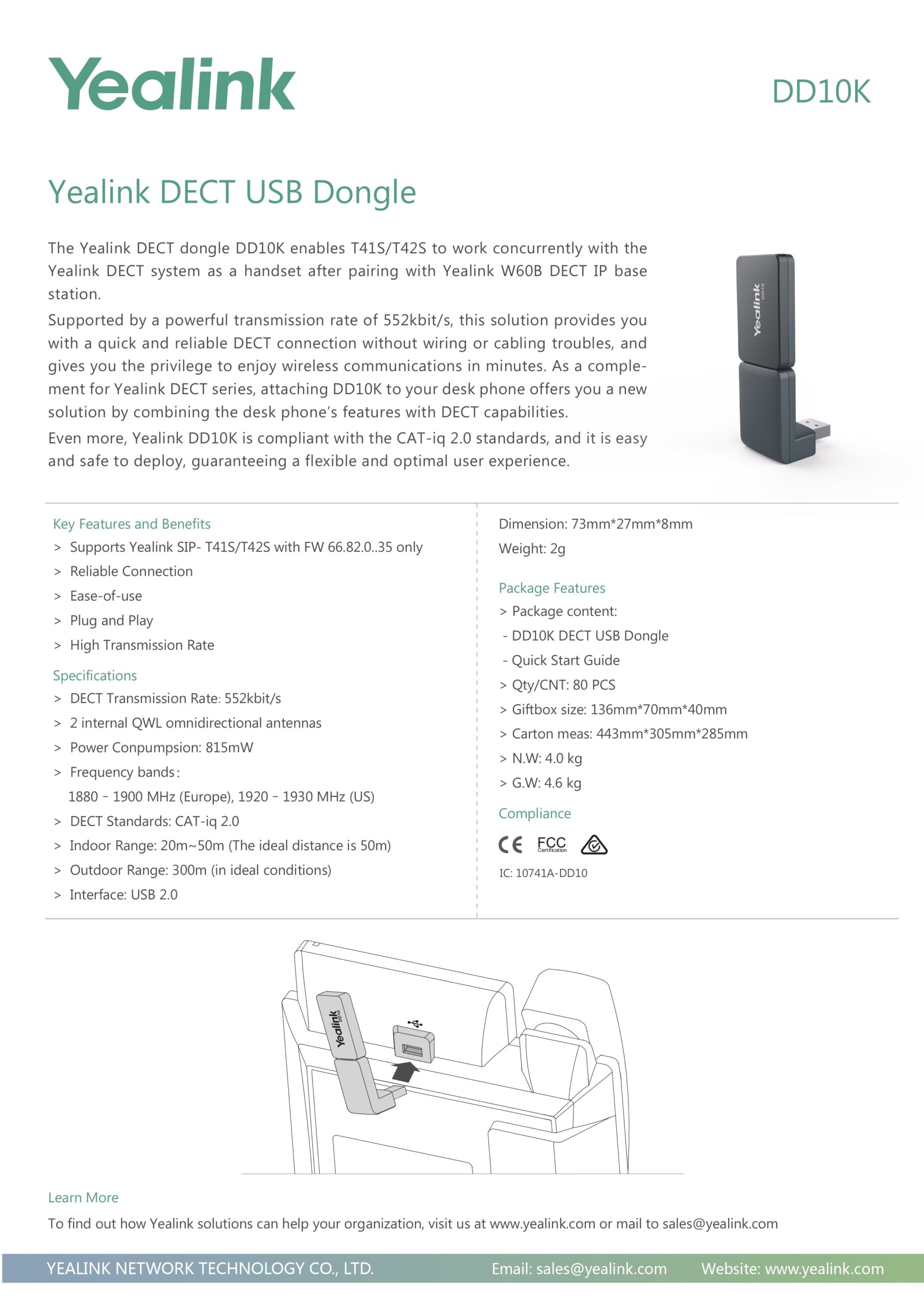 Yealink | Yealink DD10K DECT USB Dongle for the SIP-T41S and T42S, Yealink T5 Range, High Transmission Rate, DD phone (T54W+DD10K) | DD10K - Image 1
