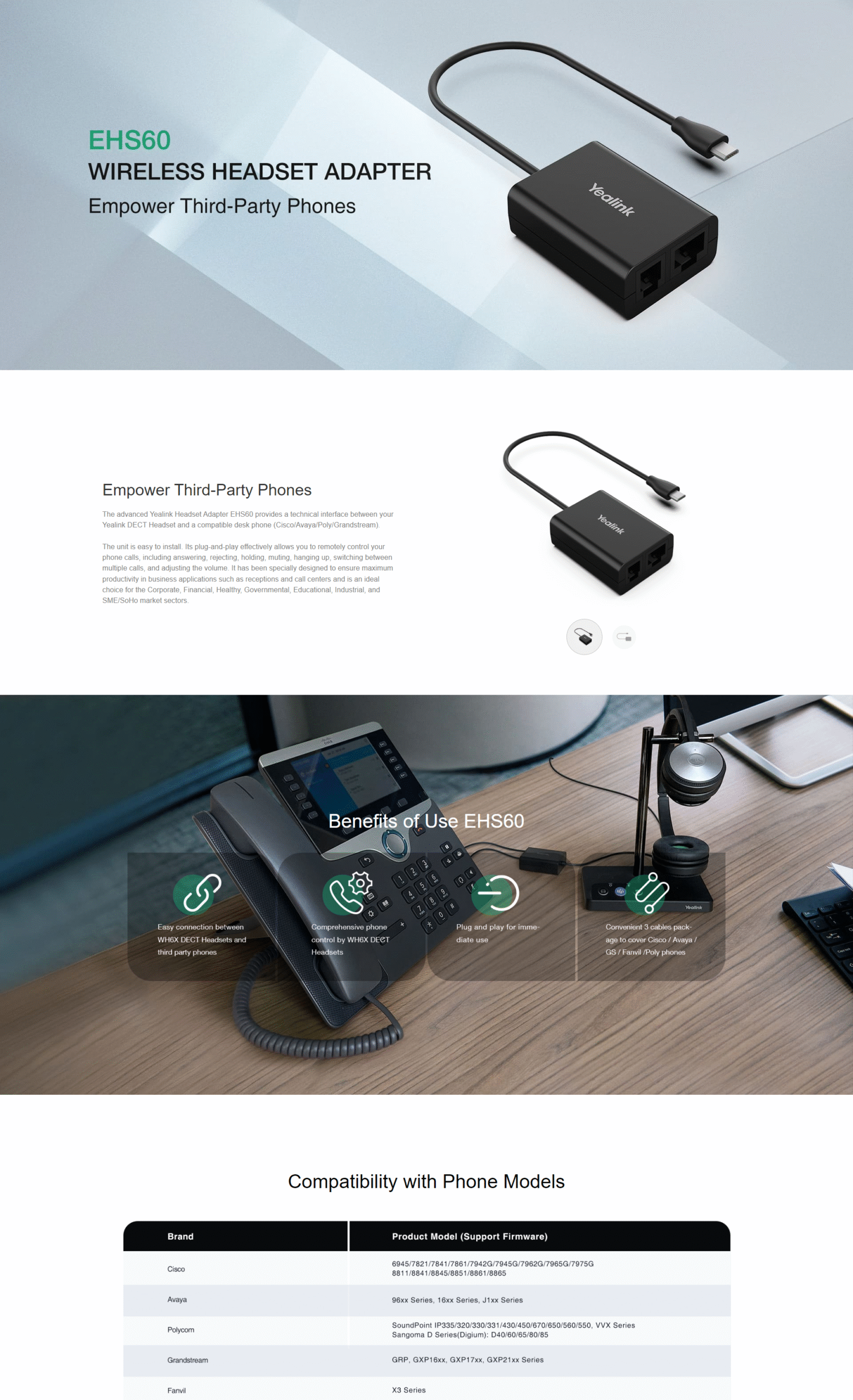 Yealink | Yealink EHS60 WH6X DECT, Wireless Headset Adapter for WH6x Yealink headsets, USB, Plug And Play | EHS60 - Image 1