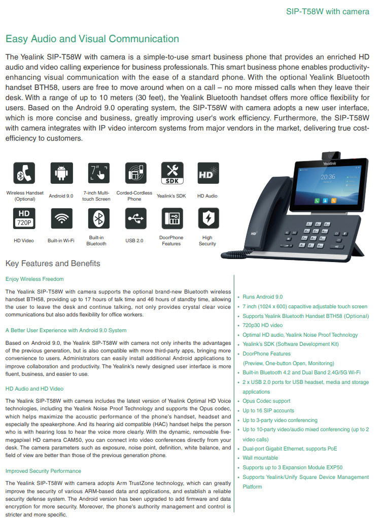 Yealink | Yealink T58W-C 16 Line IP HD Android Phone with HD Camera, 7