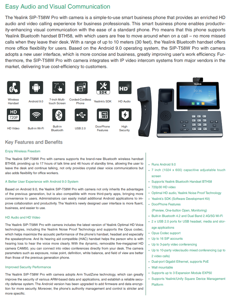 Yealink | Yealink T58WP-C 16 Line IP HD Android Phone with HD Camera, BT Handset, touch screen, HD voice, Dual Gig Ports, Built-in Bluetooth Wifi, USB 2.0 | SIP-T58WP-C - Image 2