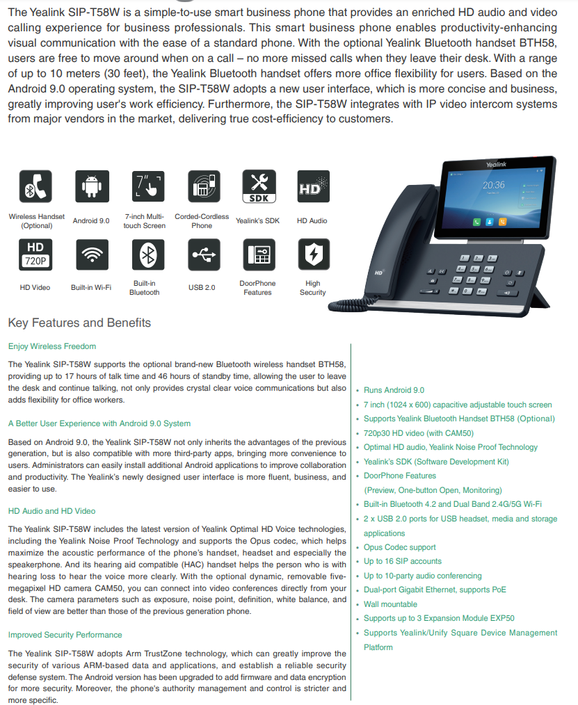 Yealink | Yealink T58W 16 Line IP HD Android Phone, 7