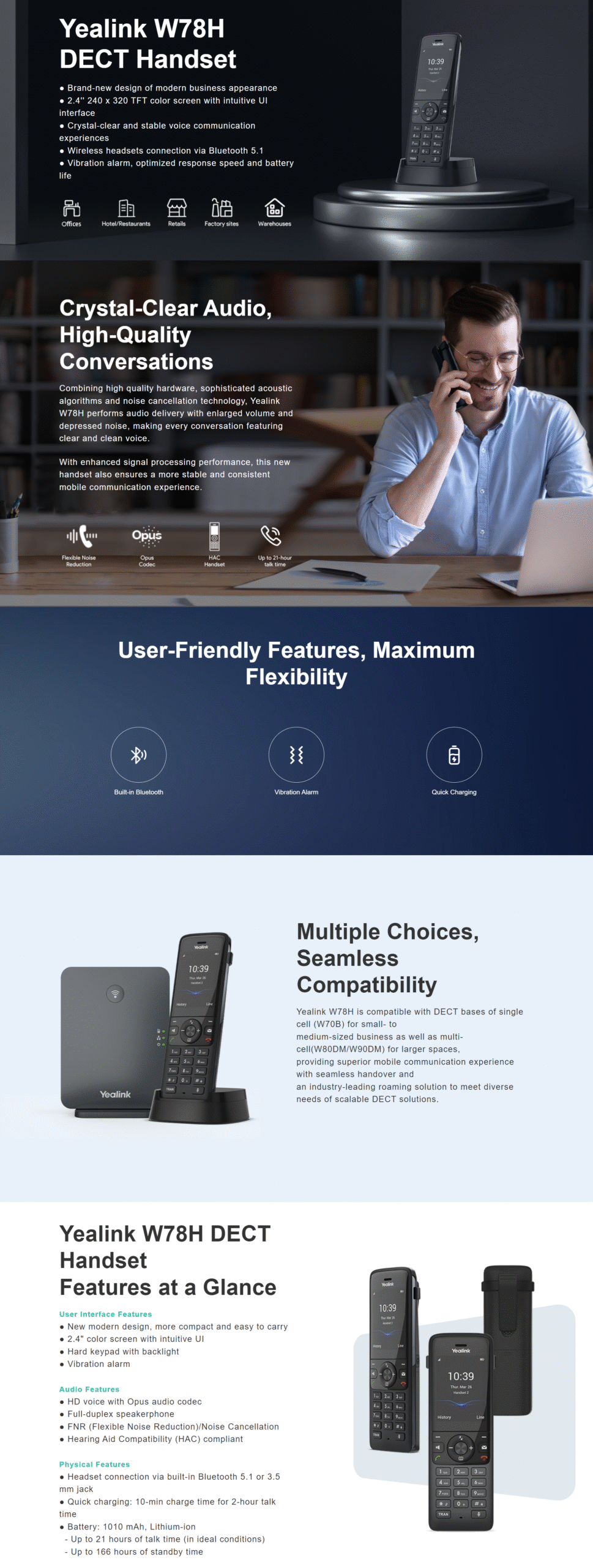 Yealink | Yealink W78H Wireless DECT Handset, Scalable Solution, Optimised Wireless Communication,Business Use, Long Battery Life, 2.4'' 240x320 TFT ColorScreen | W78H - Image 1