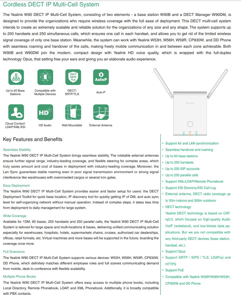 Yealink | Yealink W90B-DM Cordless DECT IP Multicell System, 1 x W90DM, supports W53H,W56H,W59R,W73H,CP930W, DD Phone | W90B-DM - Image 3